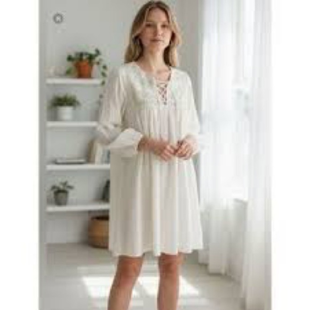 Unsubscribed Lace-Up Boho Dress in Ivory NWT